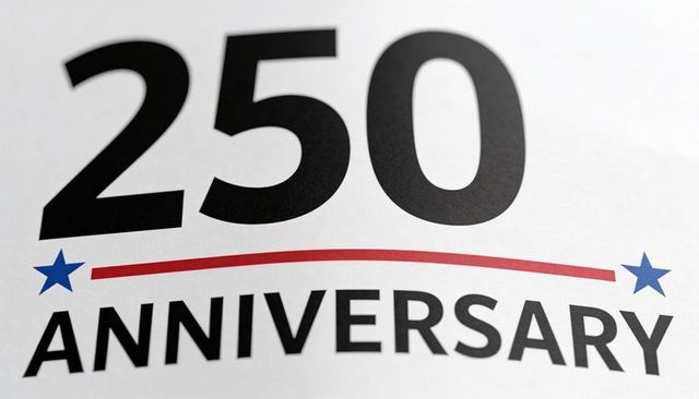 250 anniversary bold typography with red ribbon and blue stars celebrating milestone