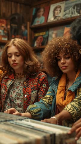 Vertical video: Friends browsing vinyl records in retro record shop, nostalgic discovery