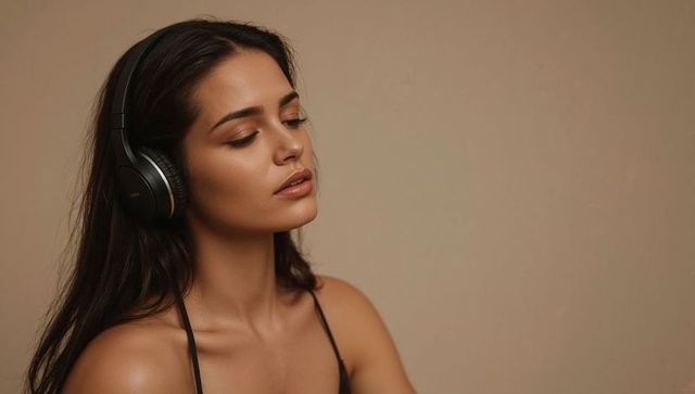 Serene woman listening with over-ear headphones in thin-strap black top on beige backdrop