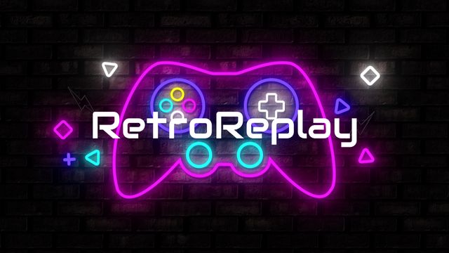 Neon game controller icon and 'RetroReplay' text glowing on brick wall background. Perfect for gaming, retro-themed websites, social media posts, advertisements, and event promotions related to video games and retro culture.