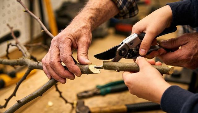 Senior guiding child pruning branch graft notch with pruning shears gardening workshop