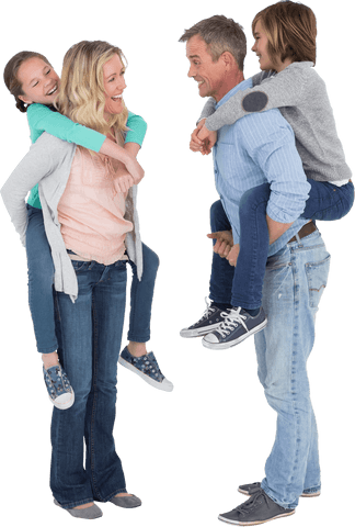 Happy family giving piggyback ride facing each other transparent