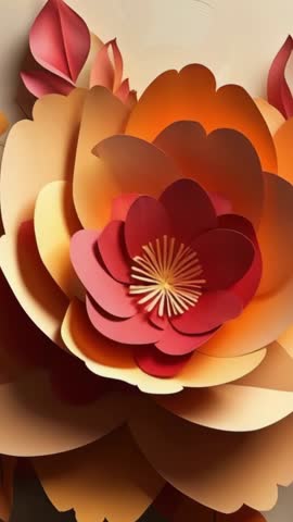 Blooming multilayer floral paper art on beige canvas vertical video with golden stamen