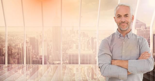 This image shows a confident grey-haired businessman standing with arms crossed in front of a large window with a cityscape in the background. It can be used for themes related to success, leadership, corporate environments, business professionals, or urban workspaces. Ideal for websites, presentations, advertising campaigns, or blogs discussing business success, workplace dynamics, or corporate leadership.