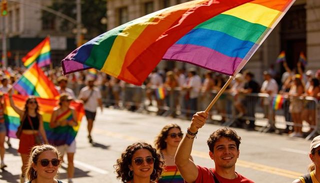 Smiling marchers waving large rainbow flag during pride parade on city avenue