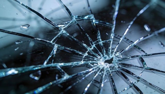 Breaking glass with radial cracks and blue glow macro closeup