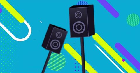 Futuristic audio experience with black speakers and neon accents