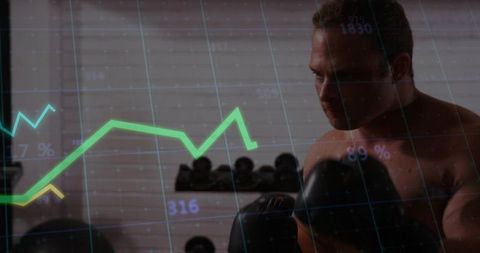 Boxer Training with Neon Data Overlay in Gym for Fitness Performance and Technology Concept