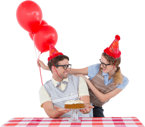 transparent celebration: geeky couple with birthday cake and red balloons - Download Free Stock Videos Pikwizard.com