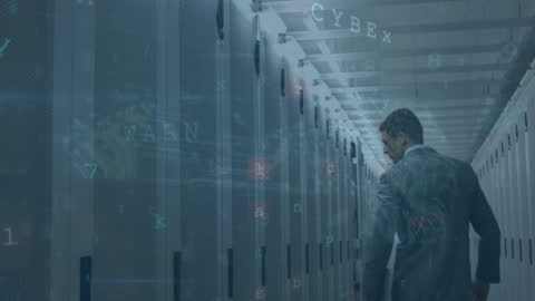 Businessman in Data Center Monitoring Cybersecurity Alerts