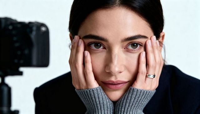 Intimate closeup leaning woman wearing silver ring and dark blazer, looking toward camera