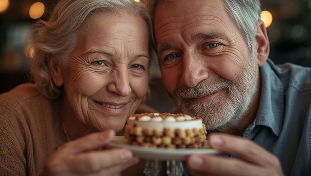 Senior couple sharing dessert and warm moment in cozy cafe, celebrating anniversary