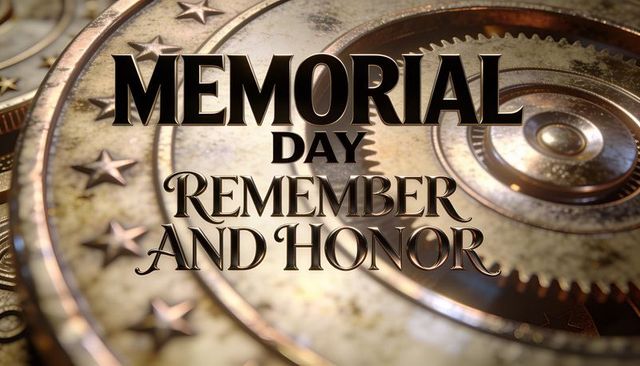 Memorial day remember and honor bronze emblem with gears and stars patina typography