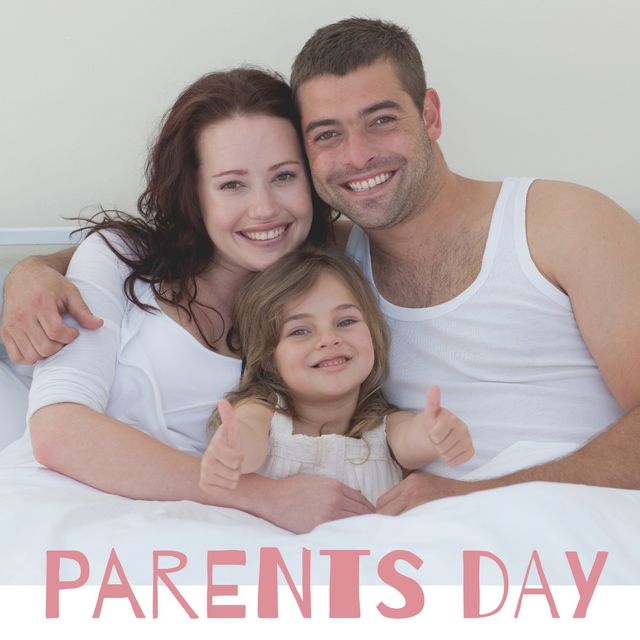 Parents day text banner over caucasian couple and their daughter smiling against white background. parents day awareness concept