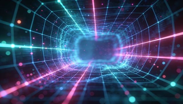 Neon cyber tunnel with glowing grid and particles evoking futuristic digital network