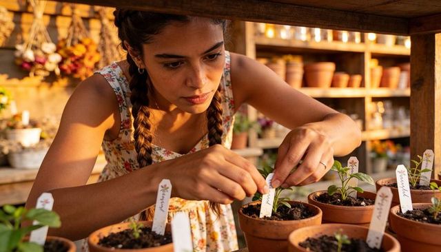 Woman placing labeled plant tags while tending terracotta seedlings on rustic potting bench