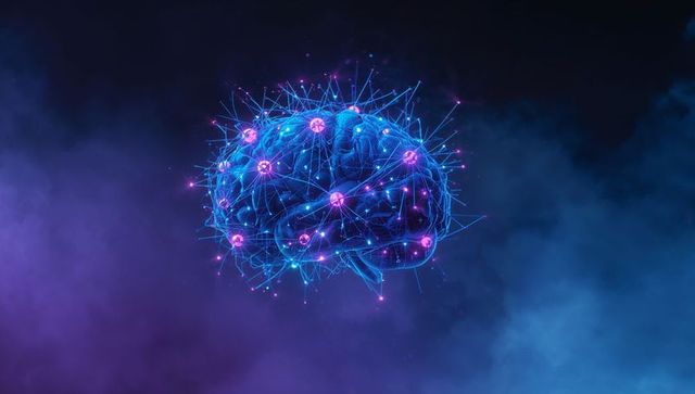 Futuristic Digital Brain with Neon Nodes in Dark Space