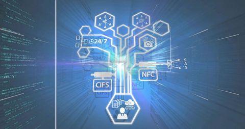 Futuristic Digital Data Network Visualization in Server Room