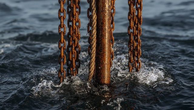 Rusted mooring chains and braided rope splashing at harbor piling