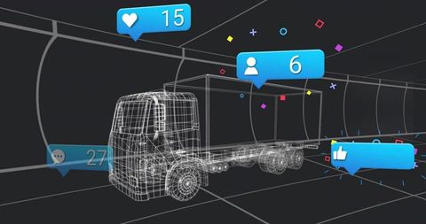 Wireframe truck with social media notifications in futuristic grid tunnel