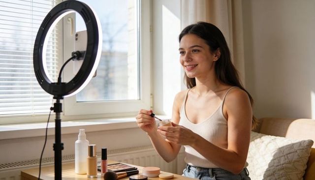 Beauty creator applying skincare serum while recording tutorial with led ring light