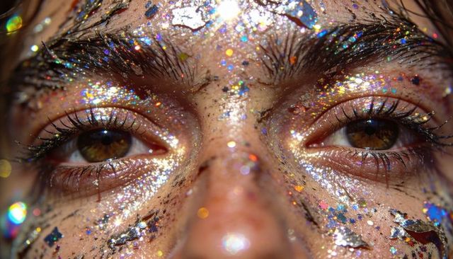 Close-up face wearing holographic glitter makeup reflecting iridescent studio lights