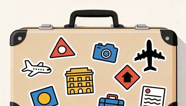 Tan suitcase featuring colorful travel stickers flatlay for travel and packing content