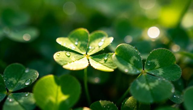 Sunlit clover leaves glistening with dew drops, macro closeup of green trefoil bokeh