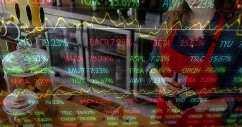 Barista Processing Payment with Stock Market Data Overlay - Download Free Stock Images Pikwizard.com