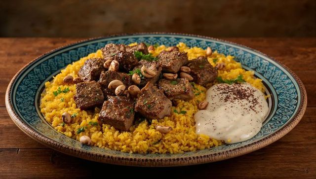 Seared meat cubes over saffron yellow rice with creamy yogurt sauce and pistachio garnish