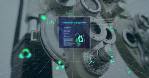 Futuristic data interface with ecological symbols over microscope