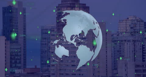 Animated Global Finance Overlay on Urban Skyline