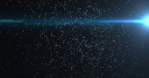 Cyan stellar network with connected nodes and digital constellations for futuristic tech