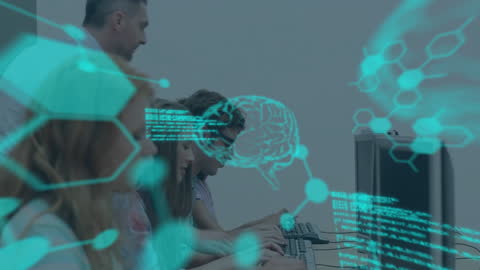 Diverse Professionals Analyzing Data with Futuristic Overlay