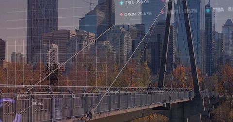 Urban Stroll on Bridge with Autumn Foliage and Data Overlay