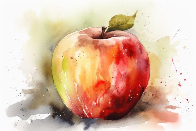Vibrant watercolor illustration of an apple with splatter effects, expressing an artistic and colorful nature. Perfect for backgrounds, art prints, food blogs, healthy lifestyle promotions, nutrition guides, and school projects.