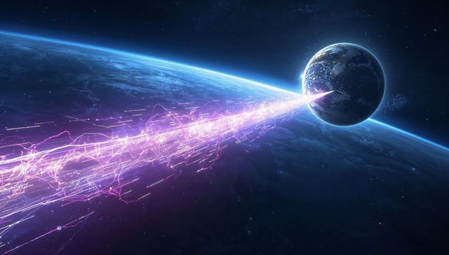 Violet beam illuminating smaller planet in space