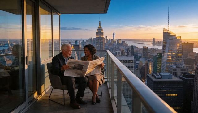 Senior couple reading newspaper on high-rise balcony at sunset over city skyline