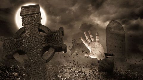 ghostly hand rising from grave with celtic cross in haunted graveyard - Download Free Stock Templates Pikwizard.com