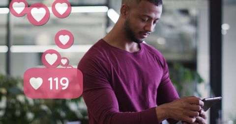 Smiling Professional Engaging with Digital Feedback in Modern Workspace