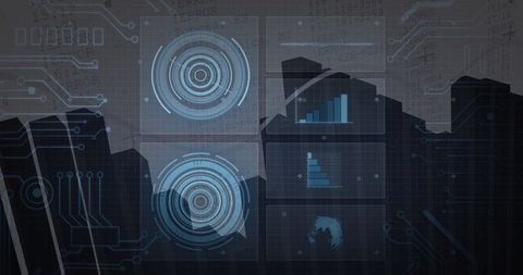 Futuristic HUD Elements Over Urban Skyline at Dusk