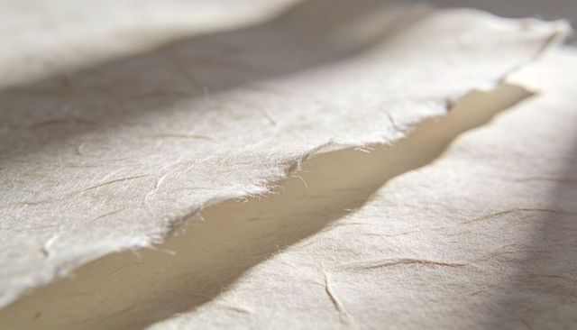 Macro texture of torn handmade paper with deckled edge, fibrous pulp and soft shadows