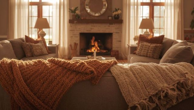 Cozy living room interior with fireplace and knitted blankets