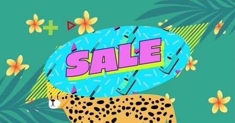 Colorful Retro Sale Banner with Cheetah and Exotic Elements