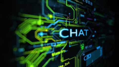 Zooming Reveal Showing Glowing CHAT Label on Futuristic Circuit Board Interface