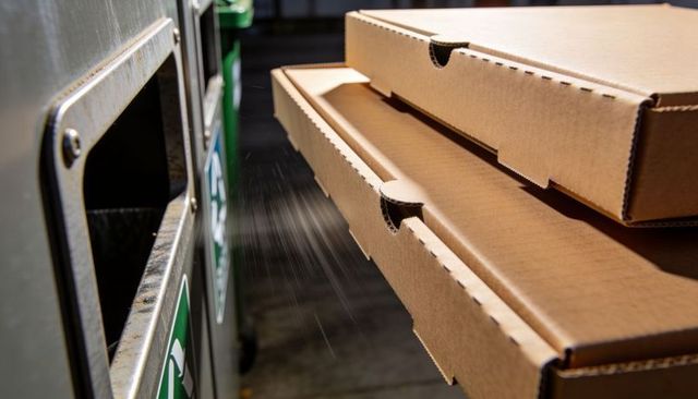 Stacking cardboard pizza boxes beside recycling bin with sunlit water spray