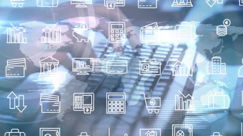 Hands Typing on Keyboard with Business Icons Overlay