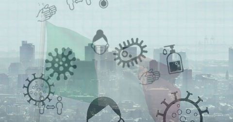 Global Pandemic Icons Overlaying Vibrant Urban Cityscape