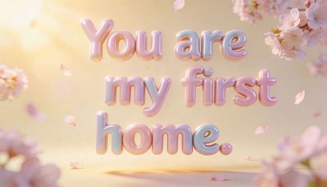Pastel glossy 3d lettering reading you are my first home with cherry blossom petals
