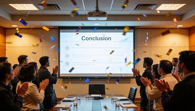 Team applauding and celebrating in boardroom after presentation with confetti